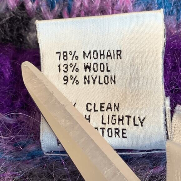 Vintage 90s Icelandic Design Mohair Wool Fair Isle Sweater Purple Blue Medium - Picture 8 of 9